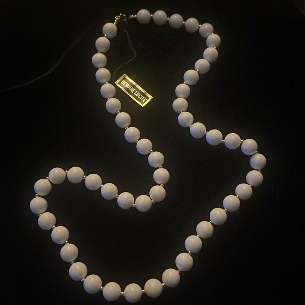Nos Genuwine Lucite White Round Bead Necklace, Hong Kong